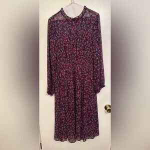 Clavin Klein Dress, Purple with Floral Design and Smocked Waist, Size 10